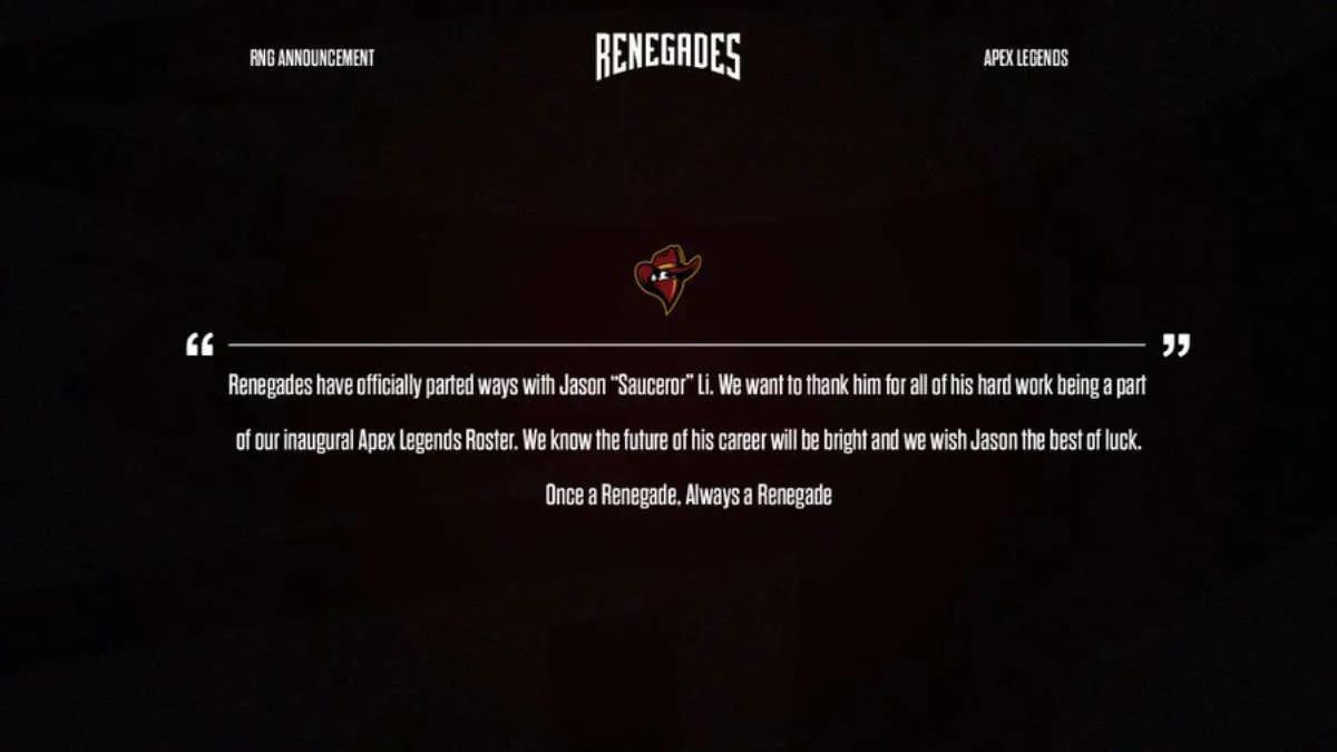 Sauceror left Renegades Apex Legends roster