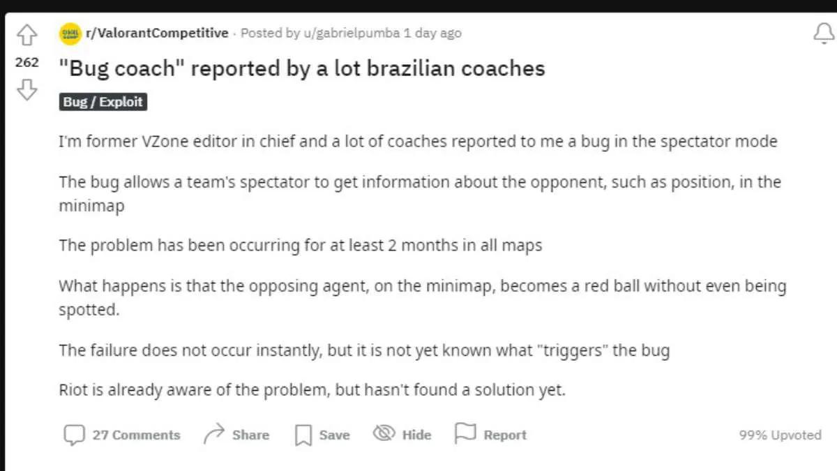 Brazilian coaches reported a “training bug” in Valorant
