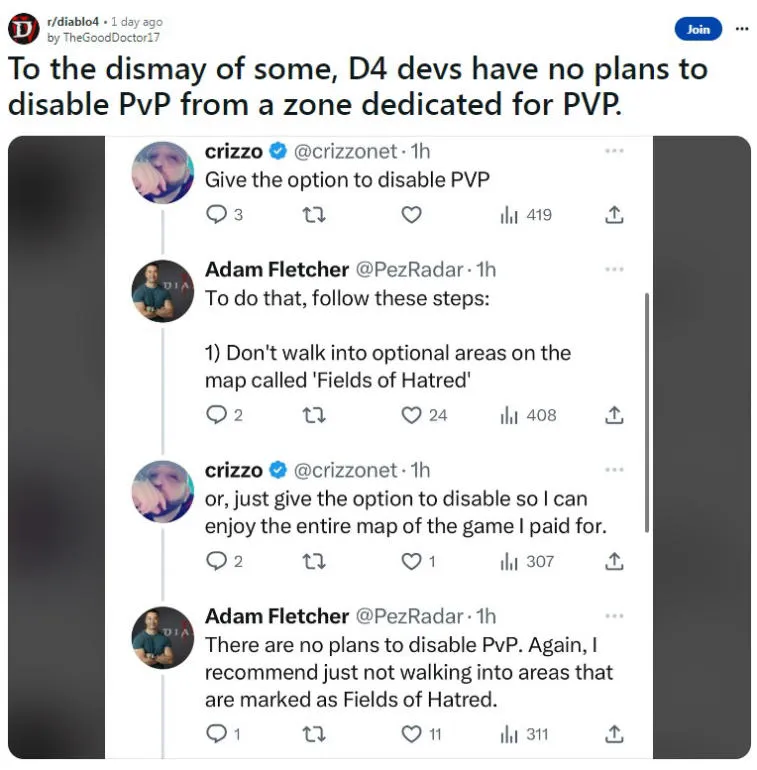 Diablo 4 Dev's Hilarious Comeback to Fan's Request: 'Turn Off PvP?' You Won't Believe the Response!. Photo 1